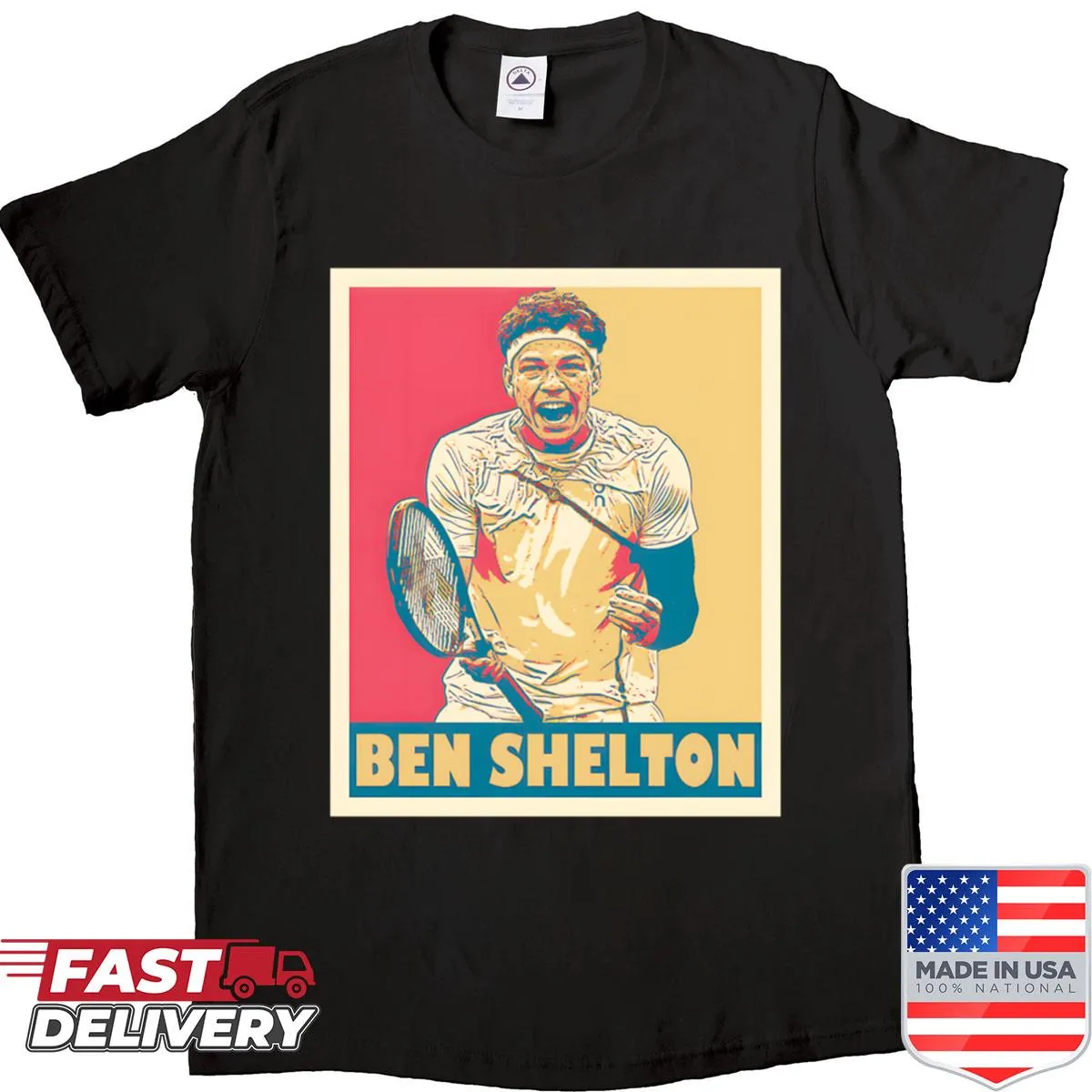 Artistic graphic T-shirt featuring Ben Shelton in action