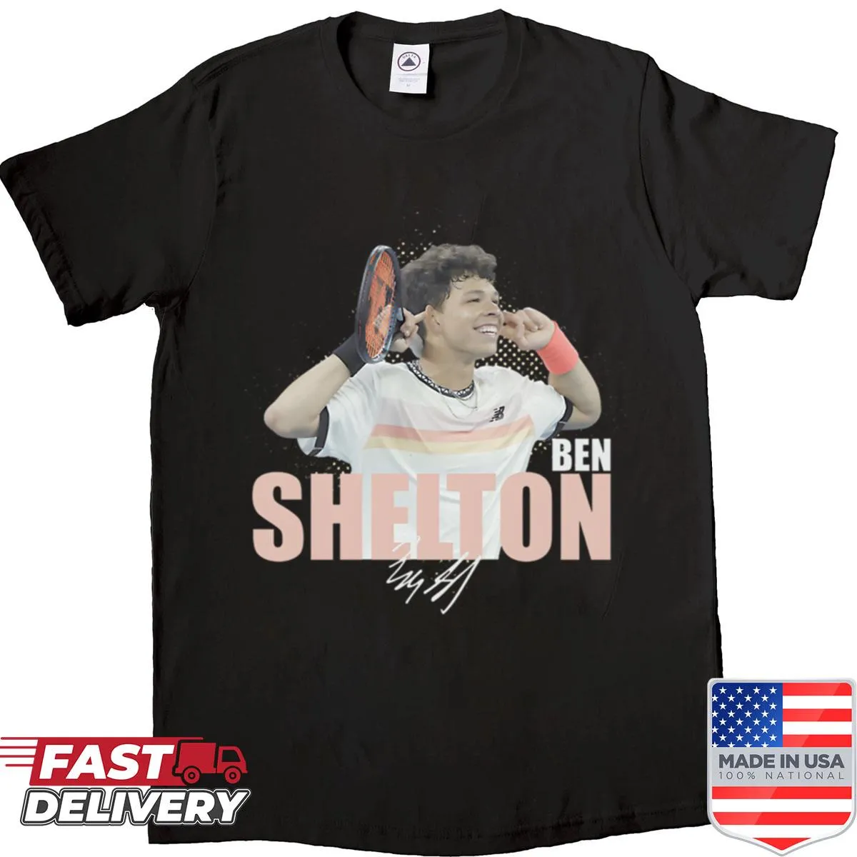Tennis-themed shirt featuring Ben Shelton graphic