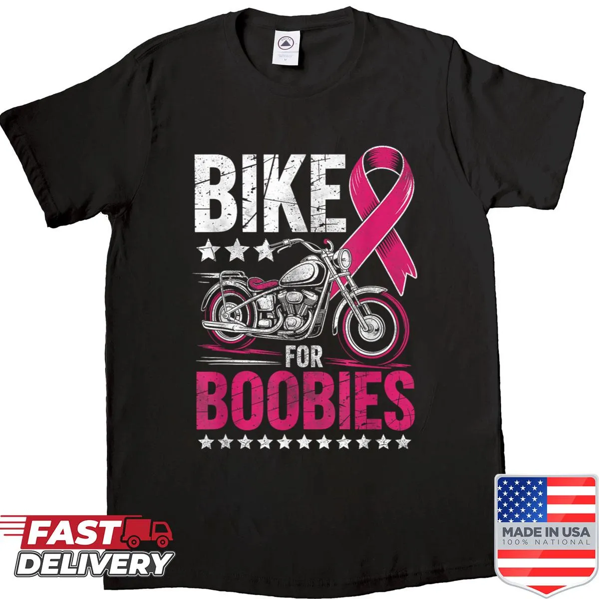 Motorcycle shirt supporting breast cancer awareness with bold text and graphics