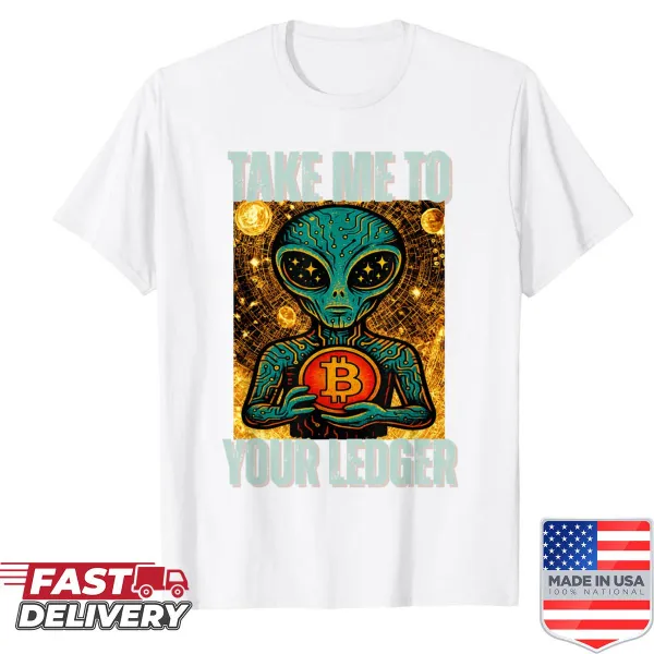 Cartoon alien and UFO graphic for cryptocurrency enthusiasts