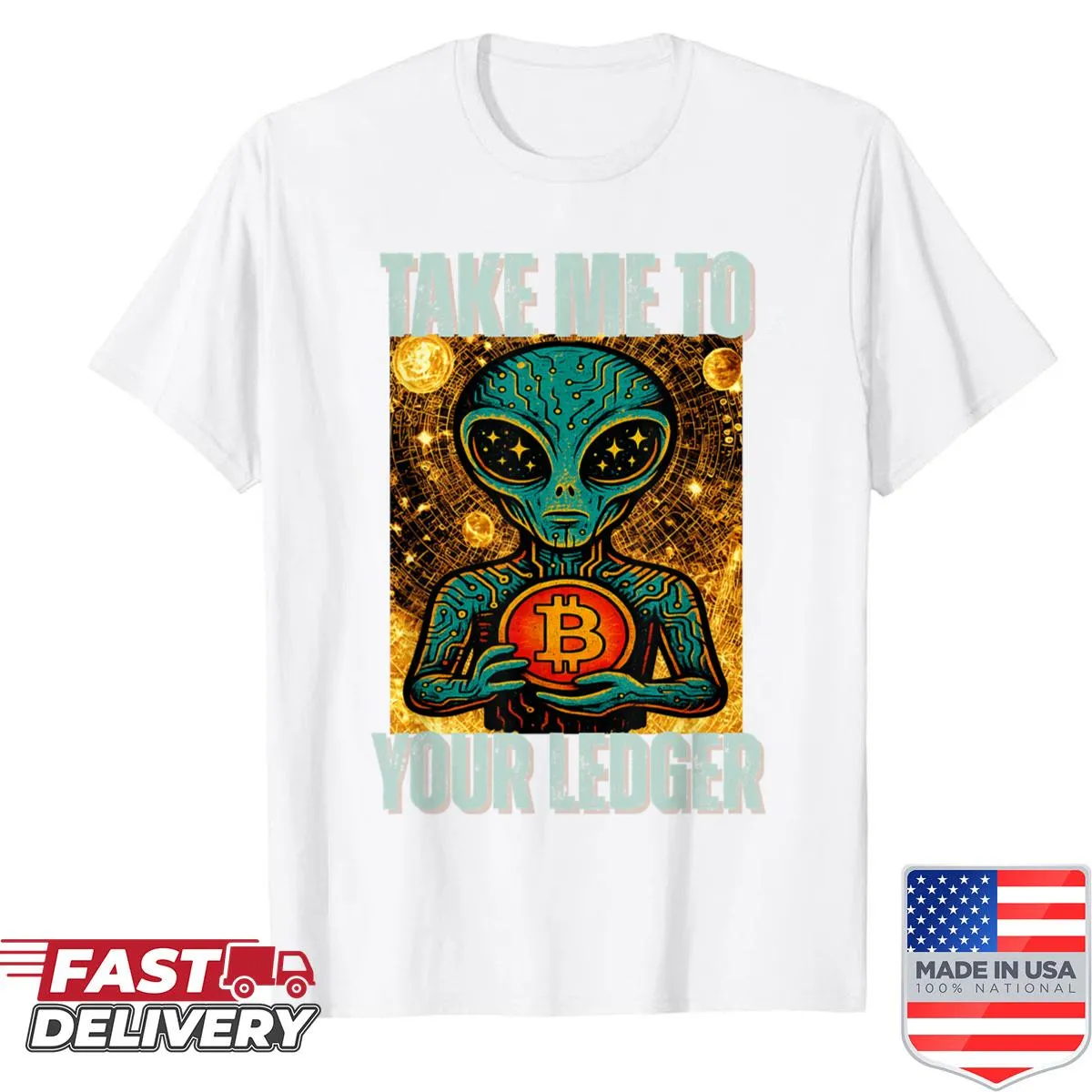 Cartoon alien and UFO graphic for cryptocurrency enthusiasts