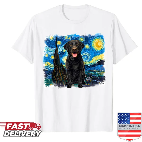 Artistic shirt with black Labrador and starry night theme