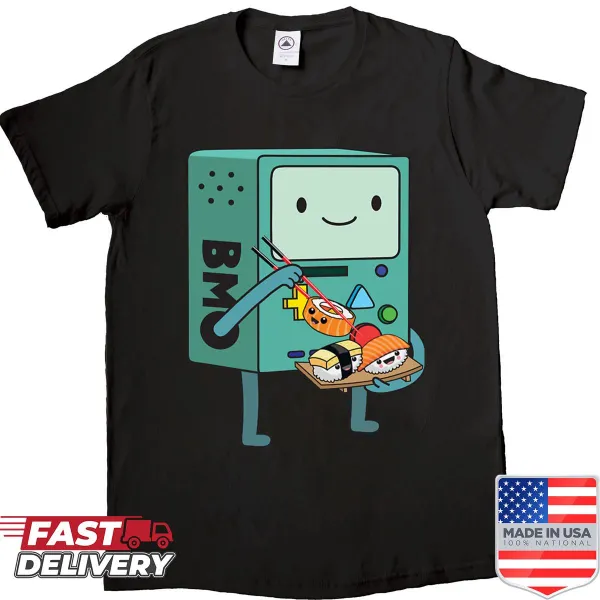 Bmo-themed shirt with sushi design, merging pop culture and cuisine