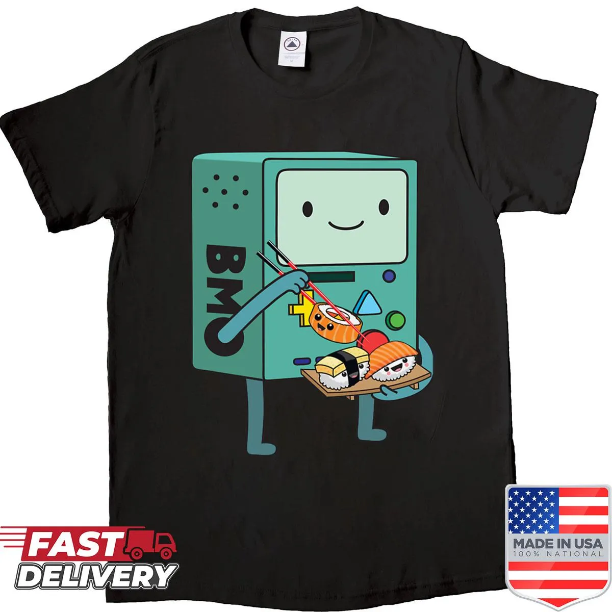 Bmo-themed shirt with sushi design, merging pop culture and cuisine