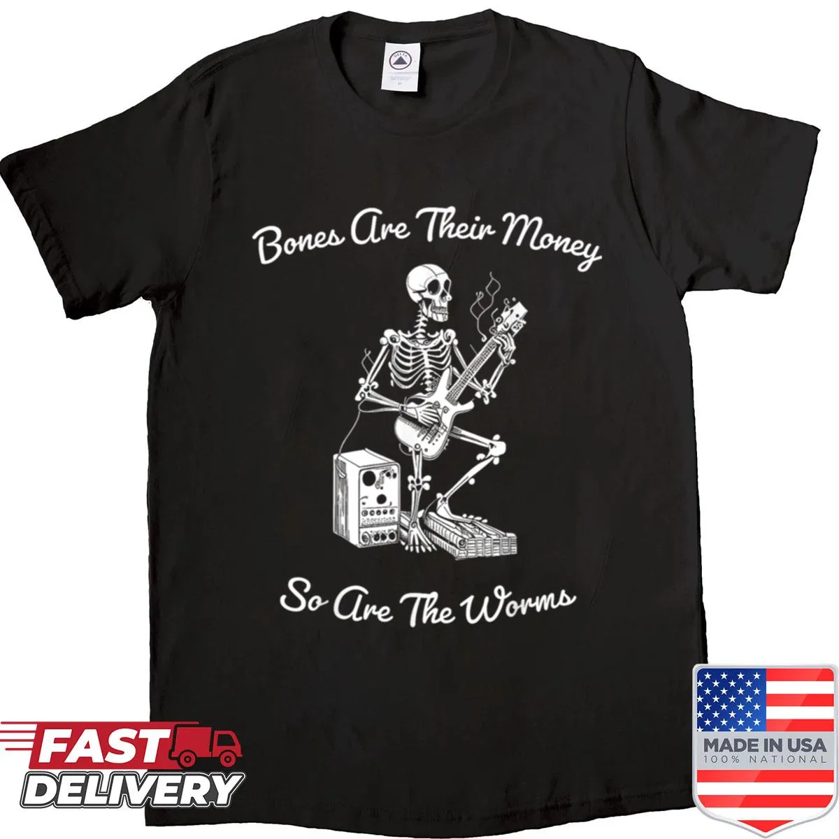 Cartoon skeleton playing guitar graphic t-shirt