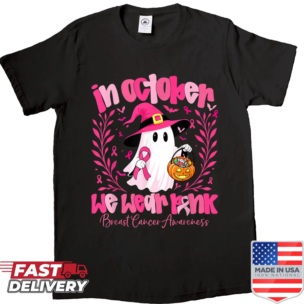 Halloween T-shirt featuring a ghost and the message 'In October We Wear Pink.'