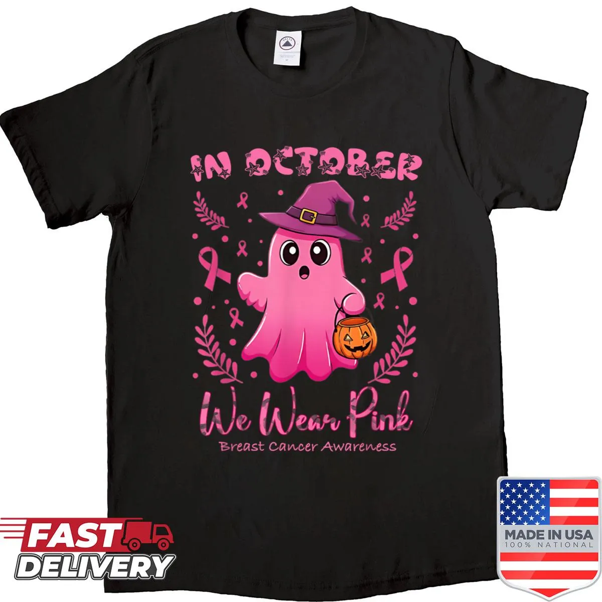 In October We Wear Pink shirt for Halloween awareness