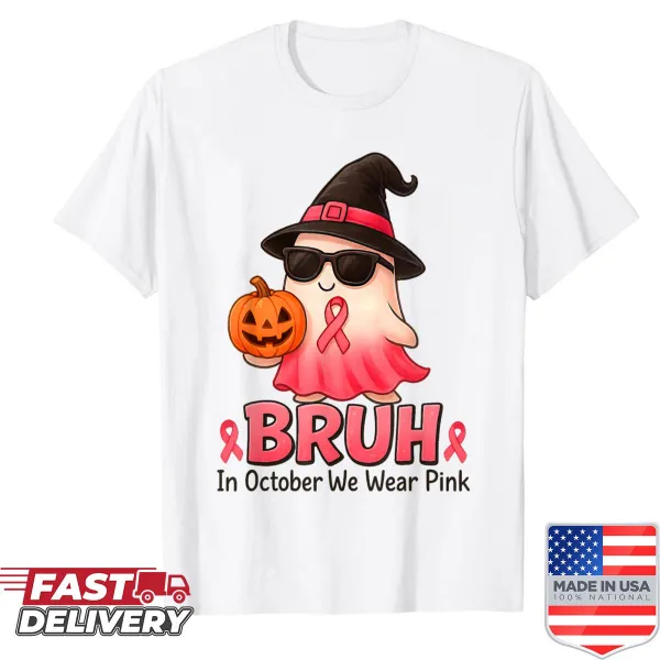 Funny October awareness shirt with pink graphics and Halloween themes
