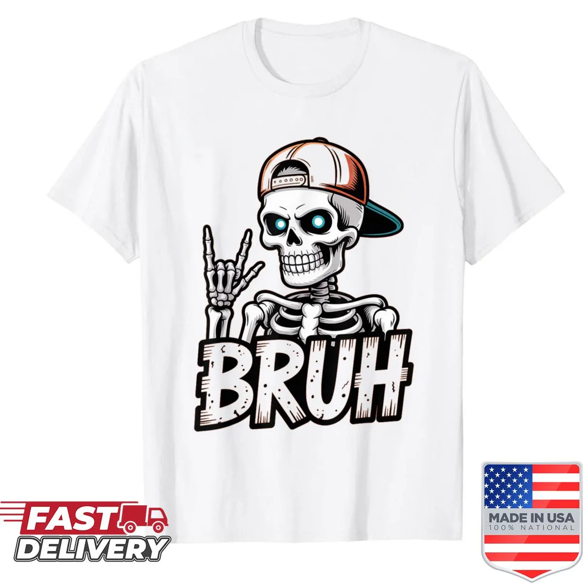Punk rocker skeleton wearing a cap on a Halloween-themed shirt.