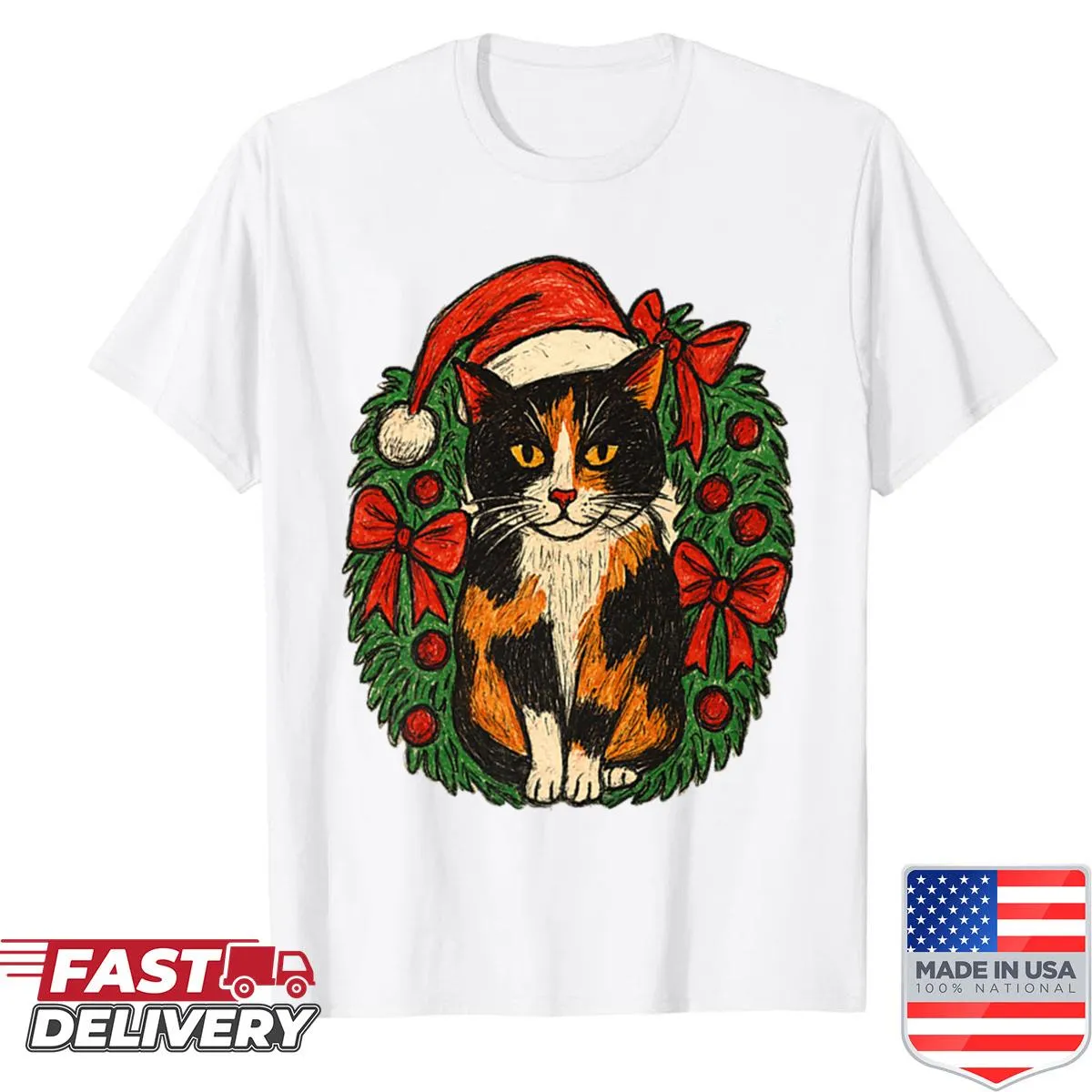 Cute vintage calico cat in Santa hat for Christmas shirt