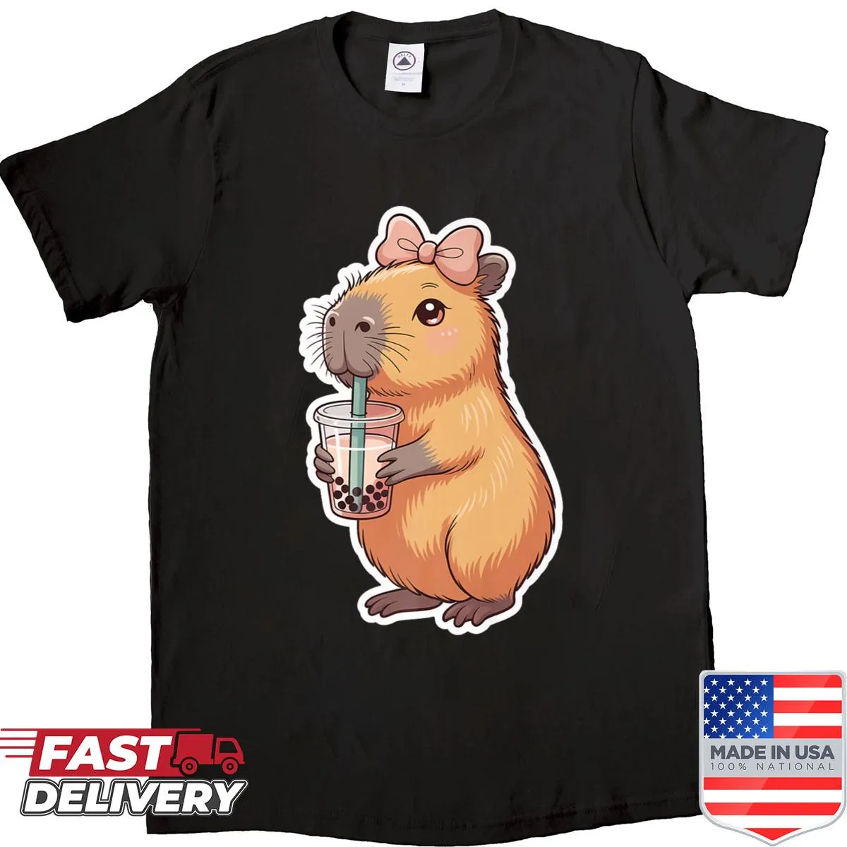 Capybara enjoying bubble tea design on a shirt