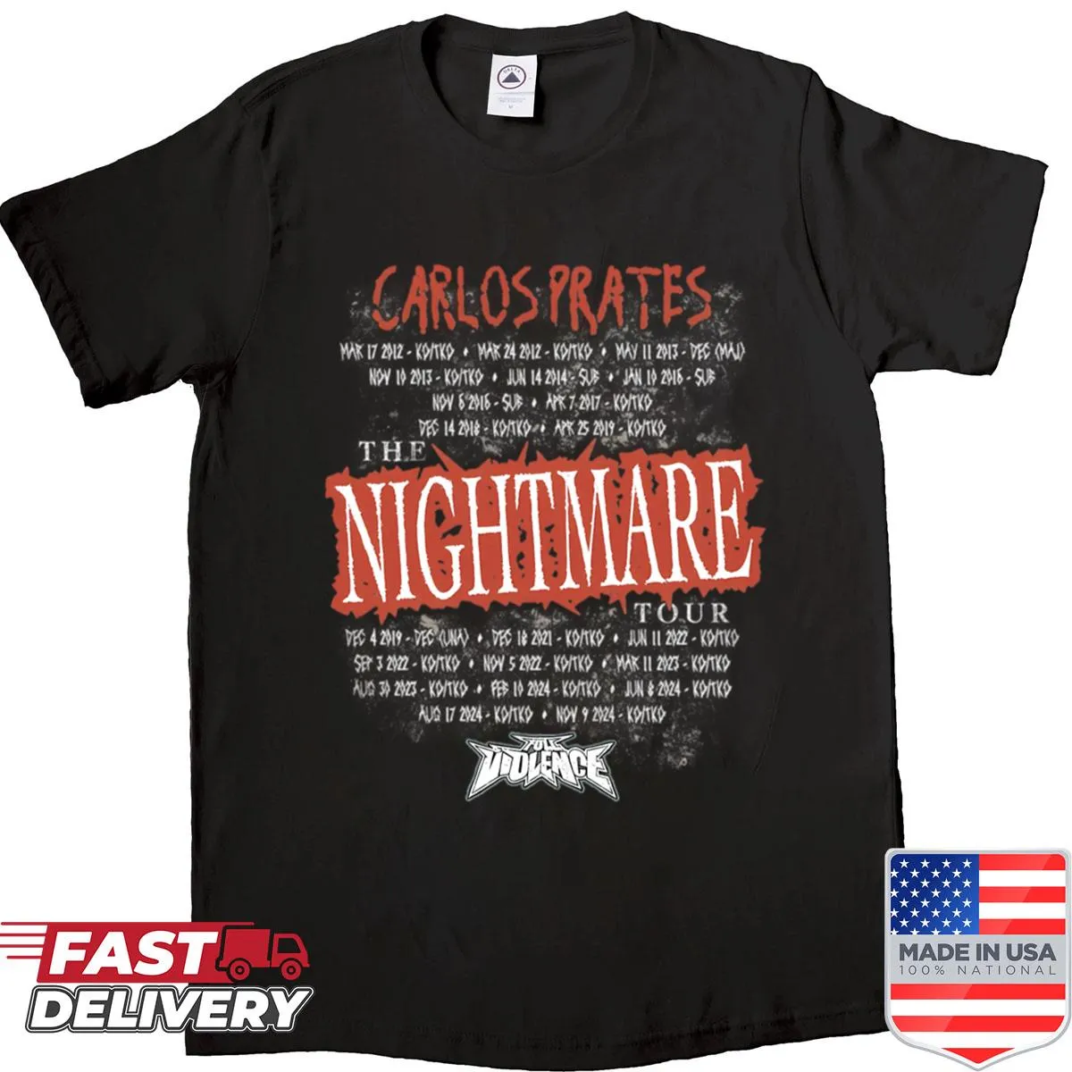 Vintage-style shirt featuring 'Nightmare Tour' list from Carlos Prates