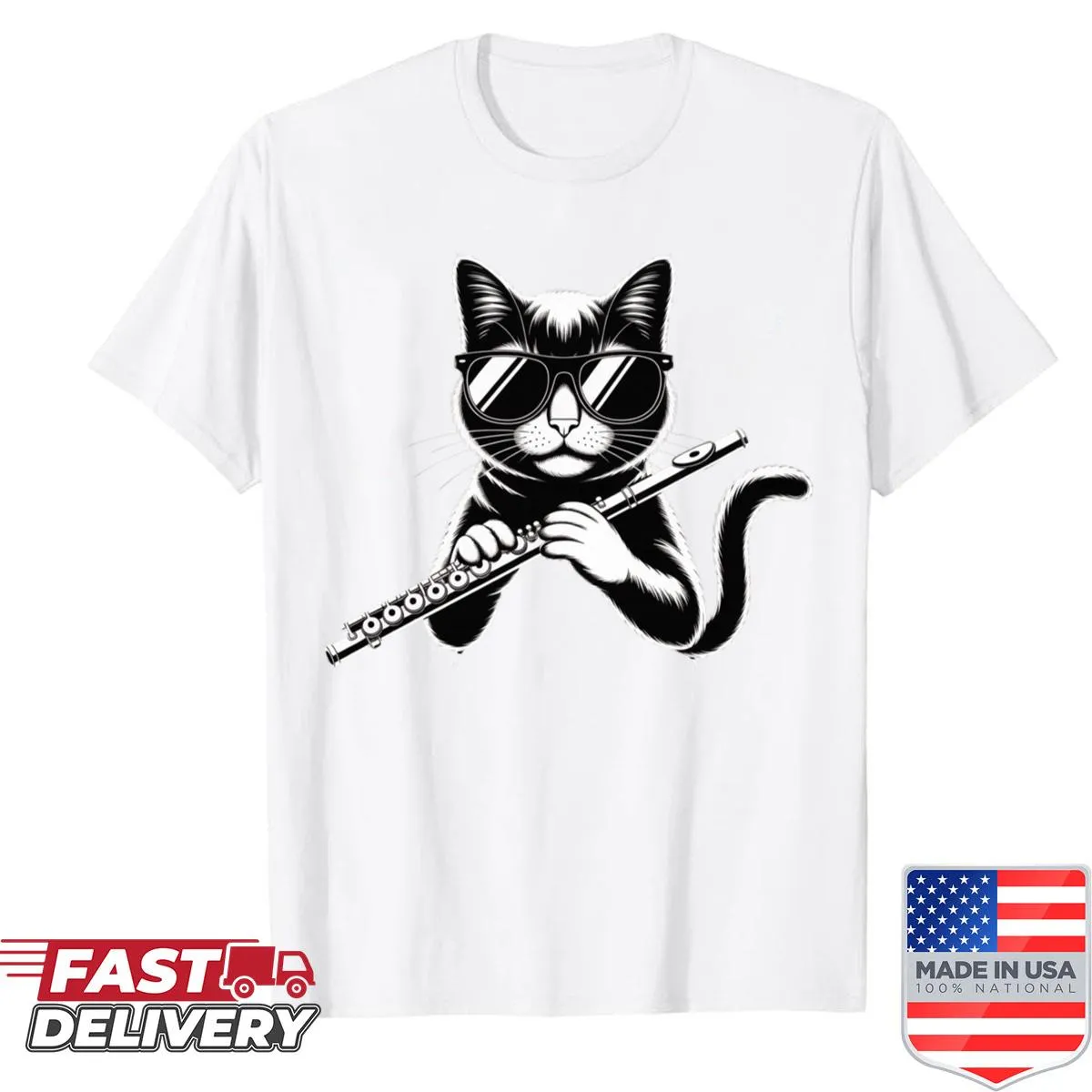 Cartoon of a cat in sunglasses playing a flute on a t-shirt