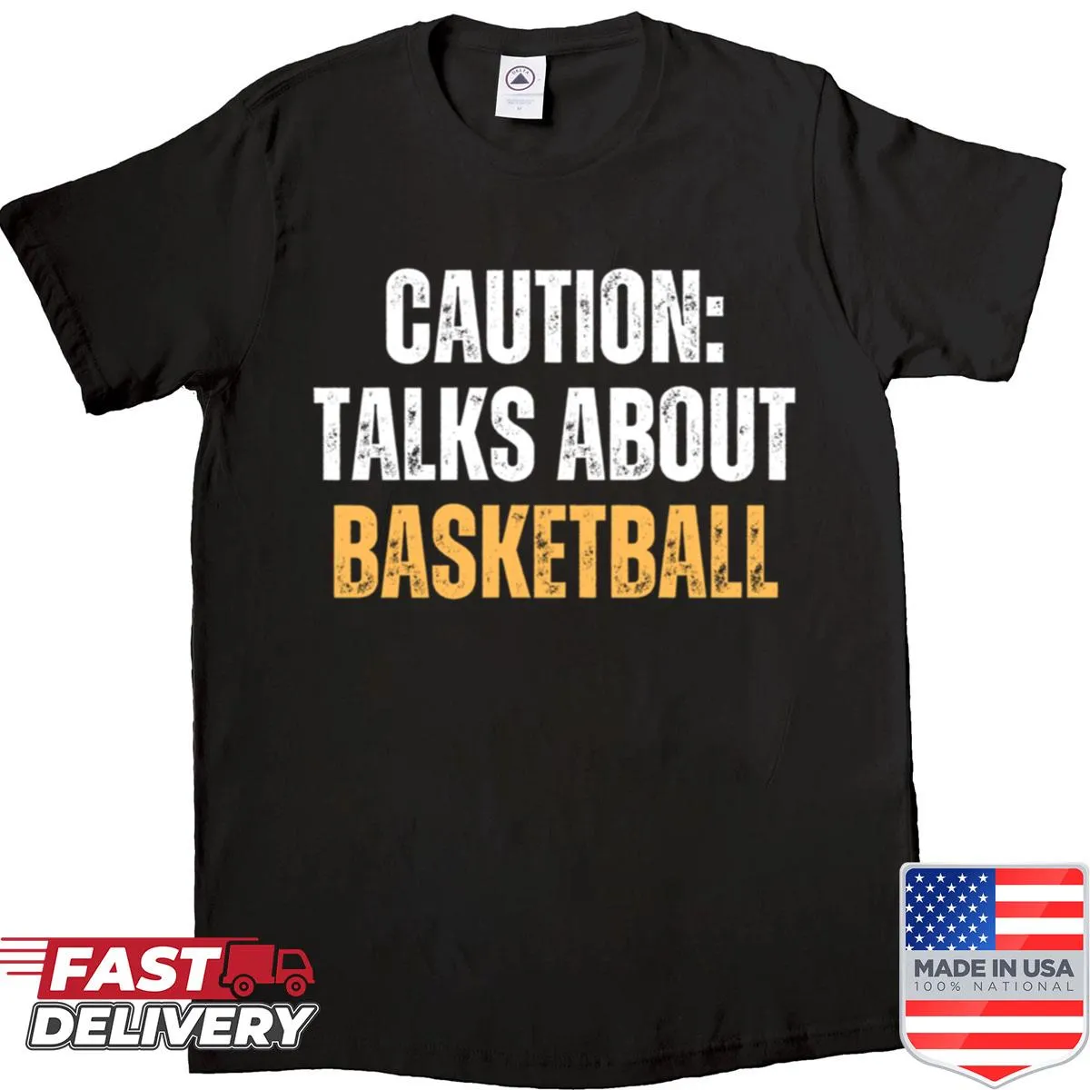 Cartoon shirt with a dunking basketball player and cautionary text