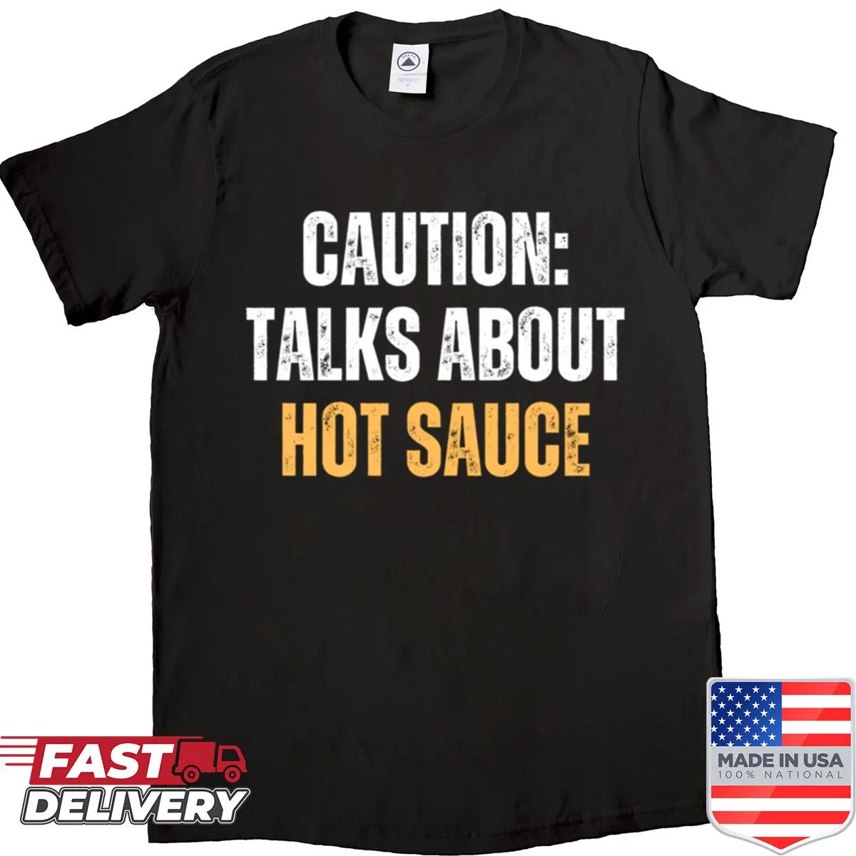 Humorous graphic warning about hot sauce with chili pepper illustration