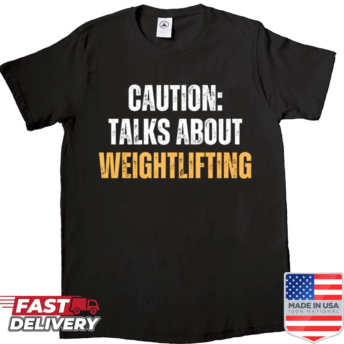 Humorous weightlifting shirt with dumbbell graphics and caution text.