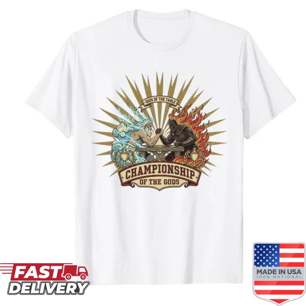 Vintage emblem graphic of mythic arm-wrestling on a shirt