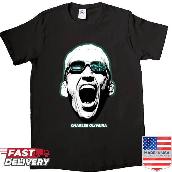 Bold illustration of Charles Oliveira's face on a t-shirt