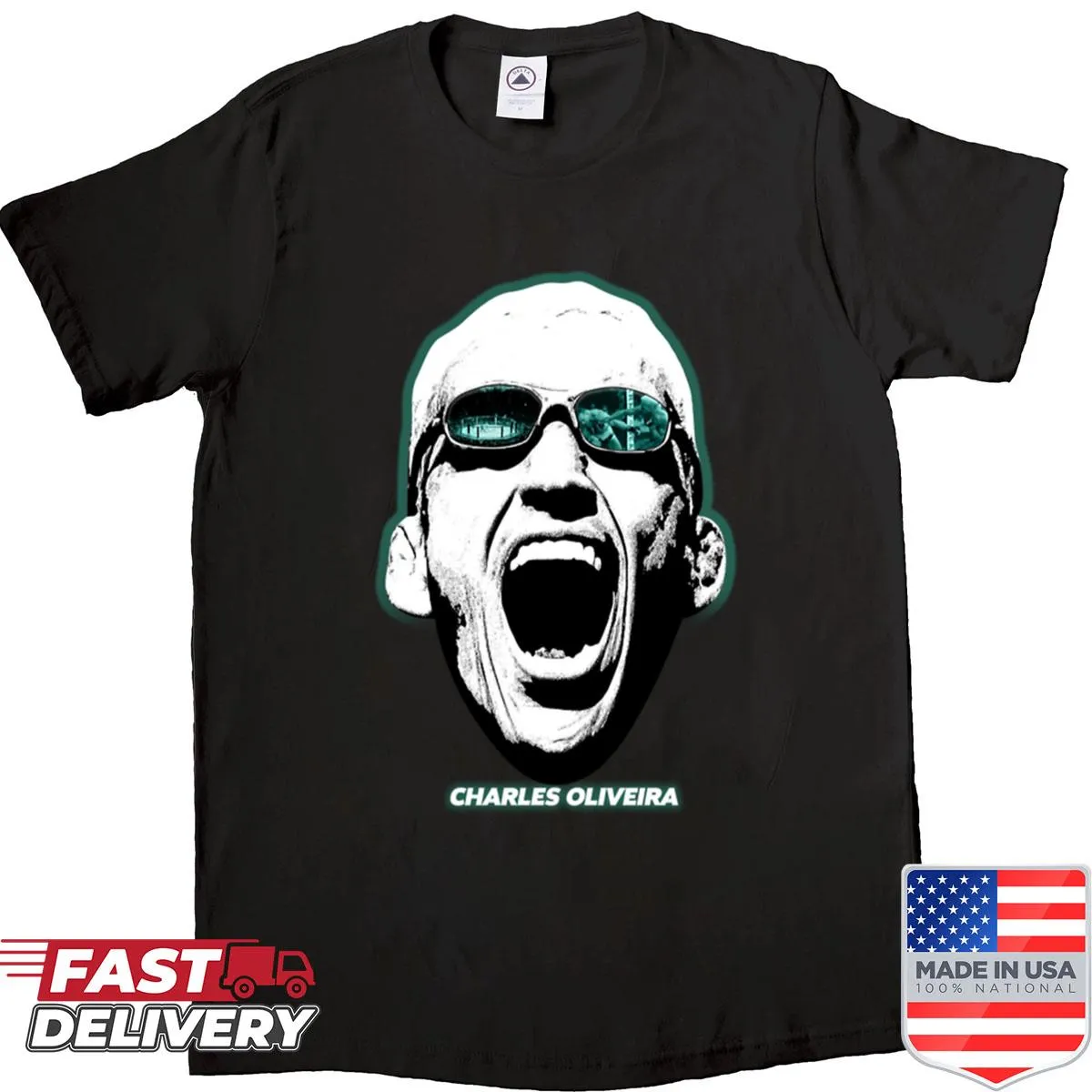 Bold illustration of Charles Oliveira's face on a t-shirt