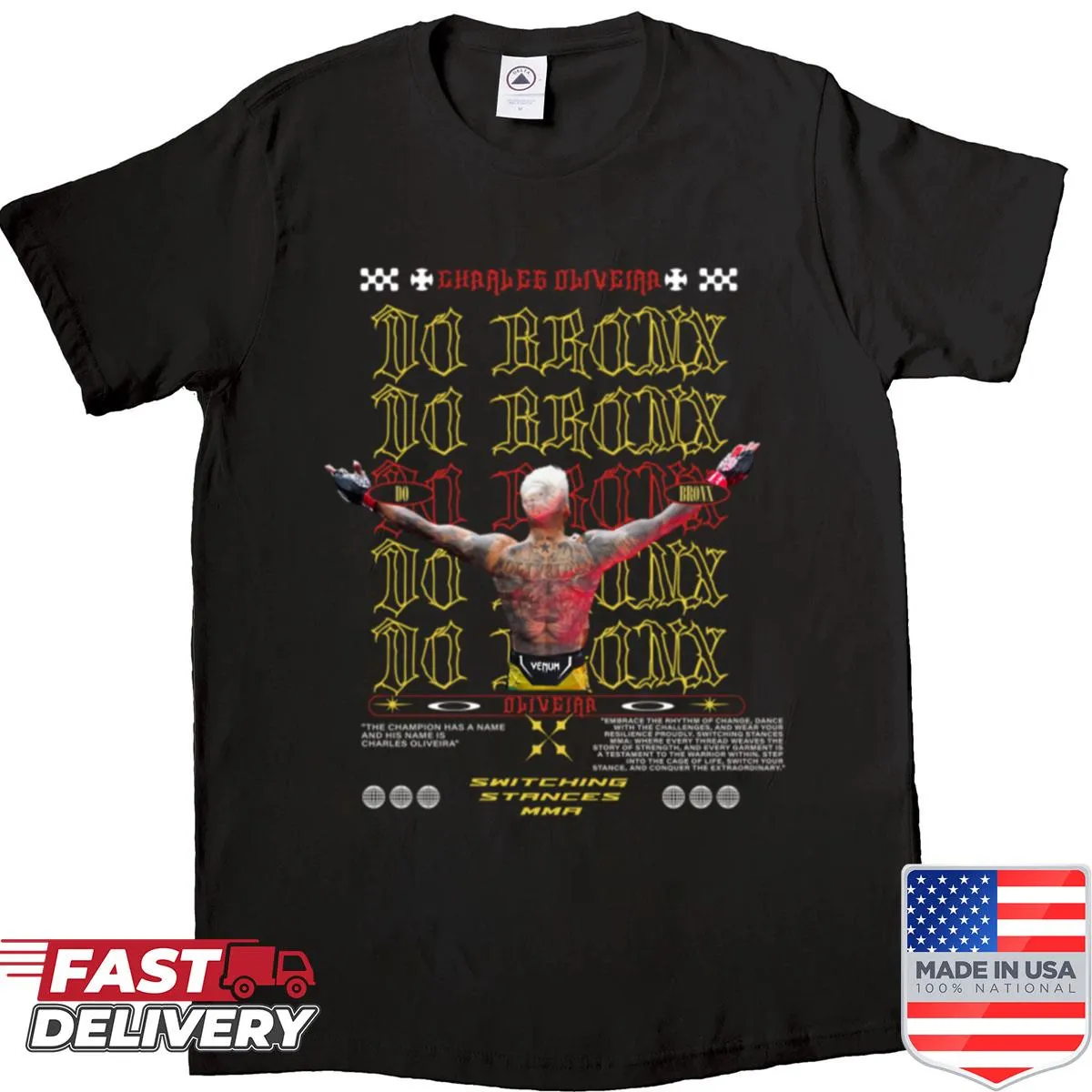 Illustration highlighting Charles Oliveira's MMA stats on a shirt