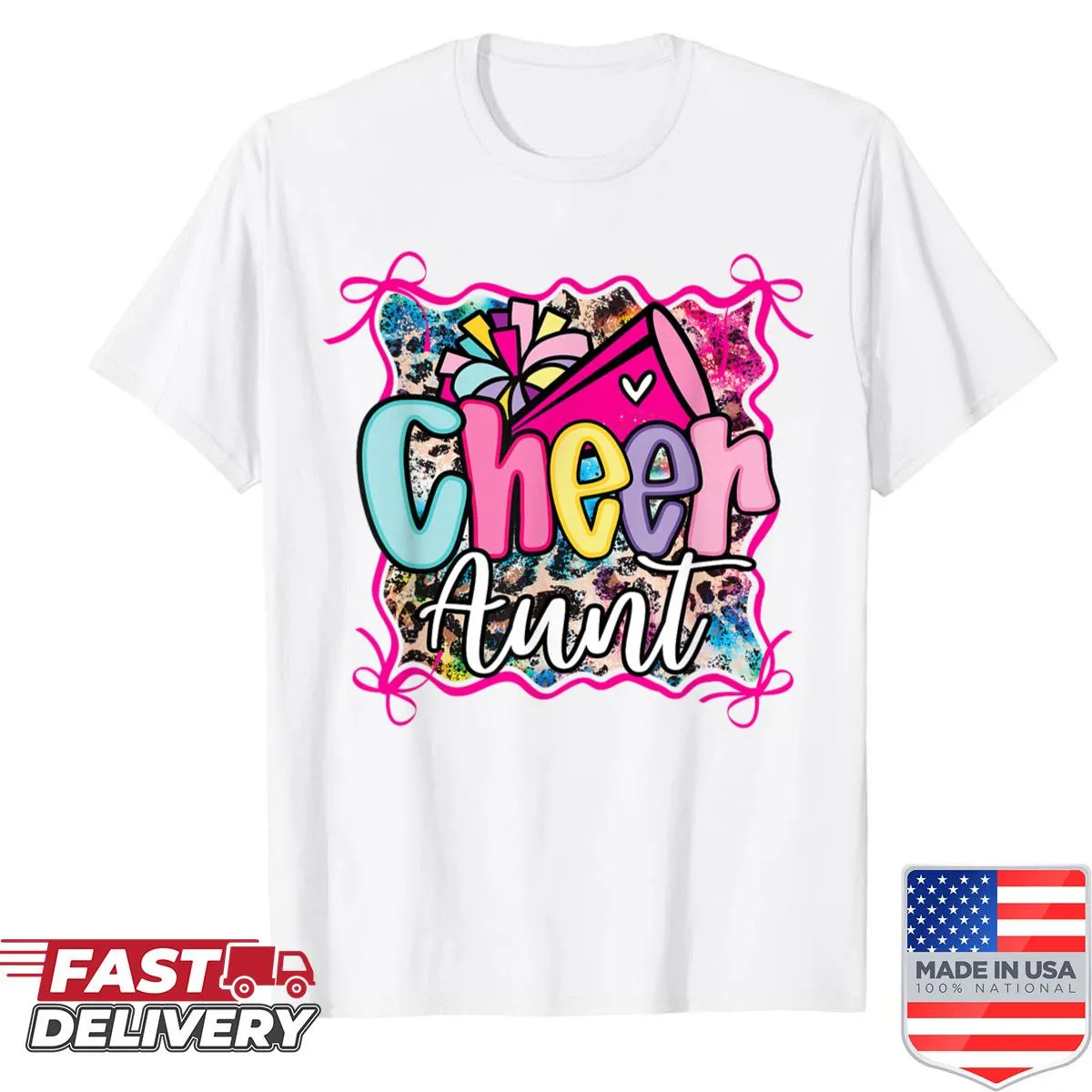 Pink shirt with a cheerleading bow design and playful text for aunts.