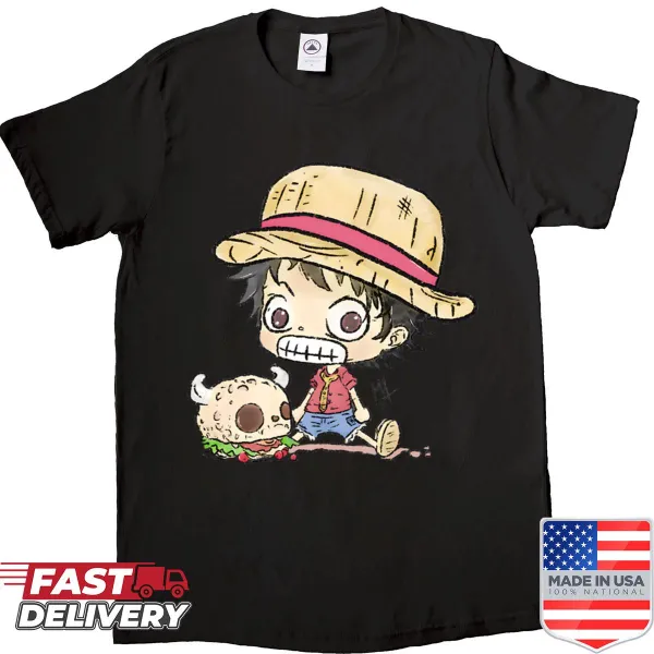 Cute Chibi character in a straw hat adventure-themed shirt for kids
