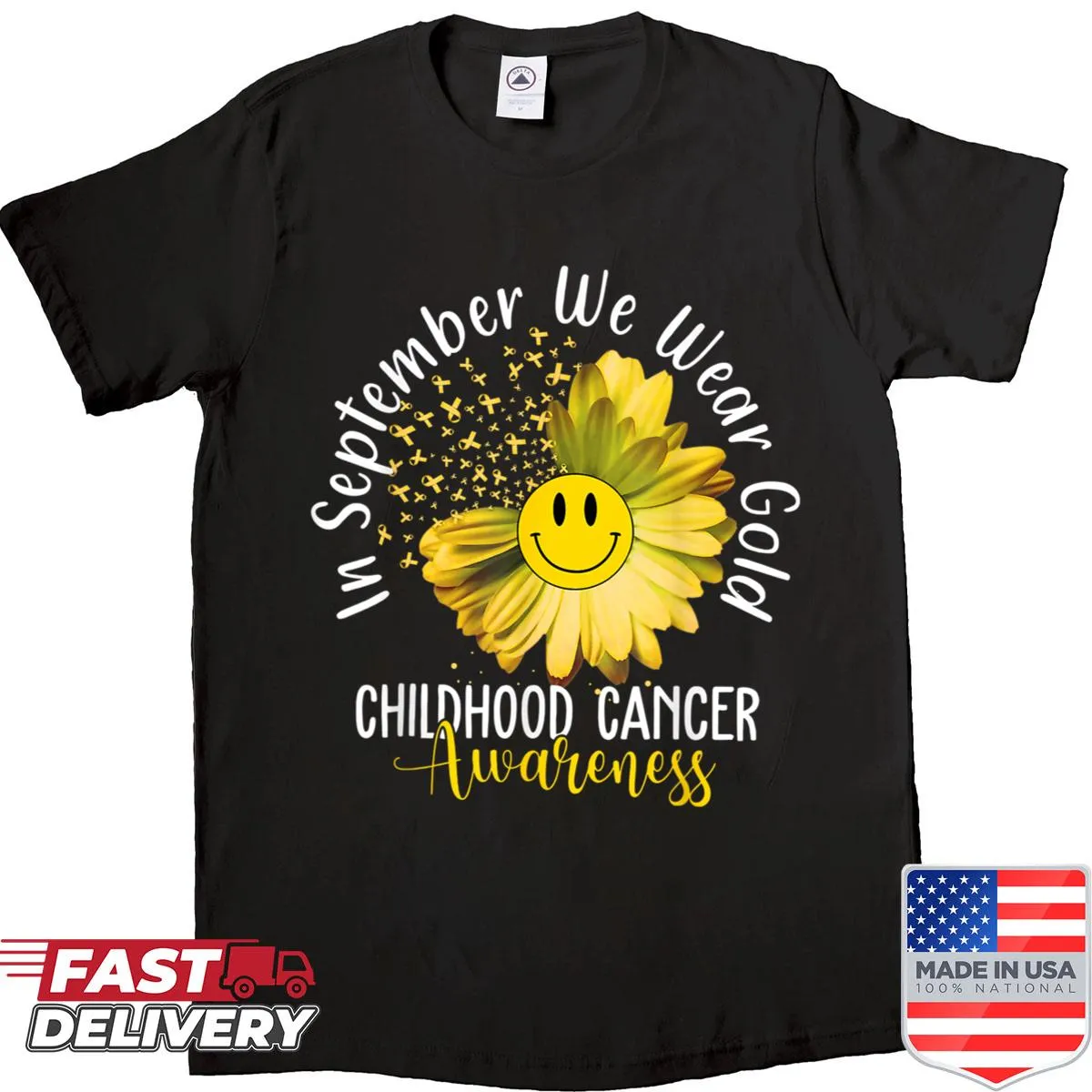 Shirt with the message for childhood cancer awareness in gold.