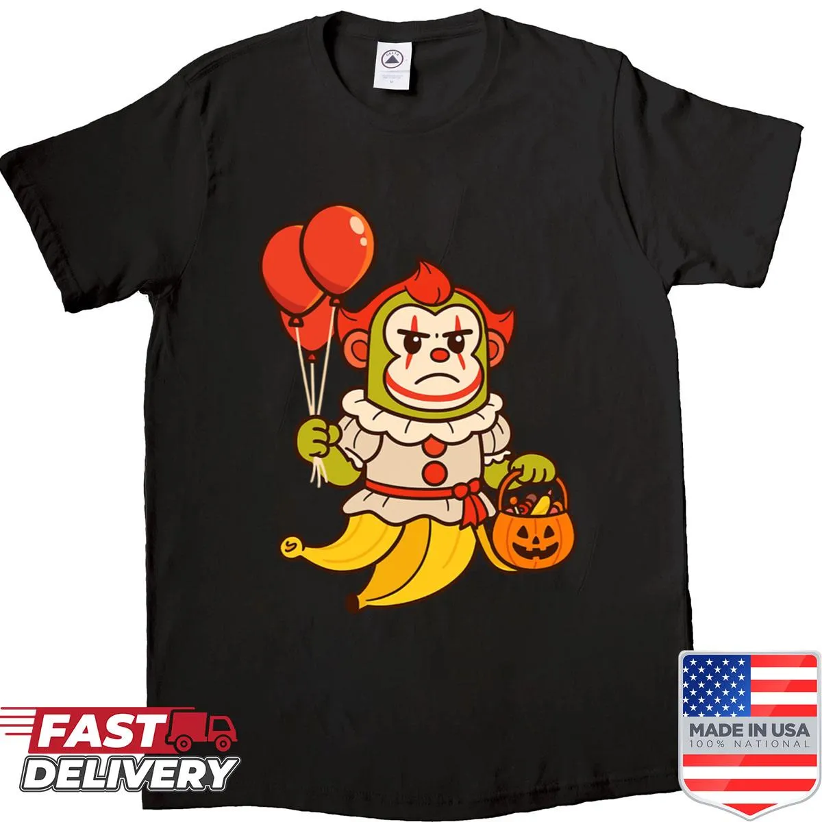 Playful t-shirt featuring a chimpanzee dressed as a clown