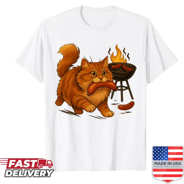 Cartoon design of a chonky cat stealing sausages