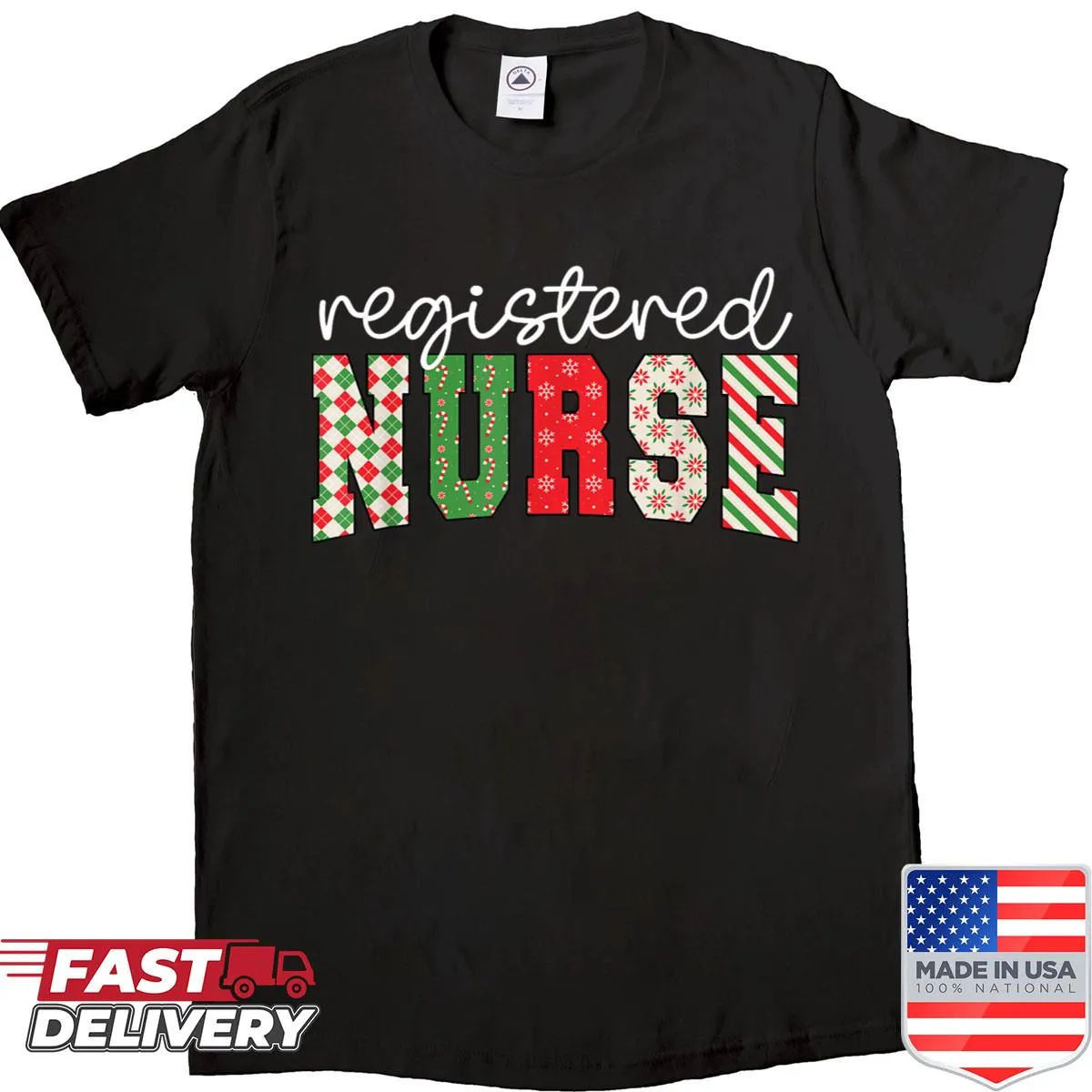 Festive Christmas Nurse shirt with holiday-themed designs.