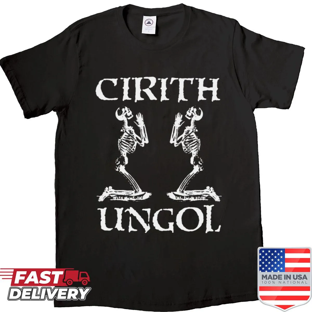Fantasy-inspired shirt featuring an illustration of a skeleton in prayer