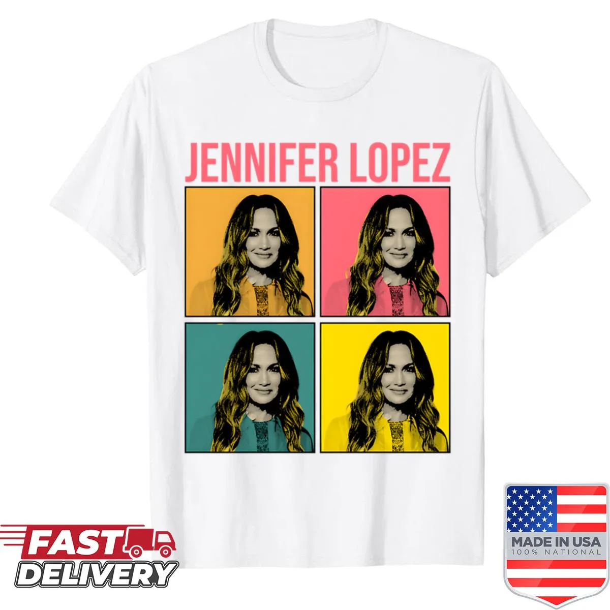 Close-up photo of Jennifer Lopez featured on a stylish shirt.