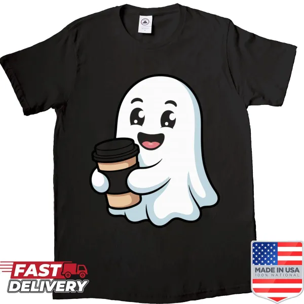 Funny shirt with a cartoon ghost and coffee theme