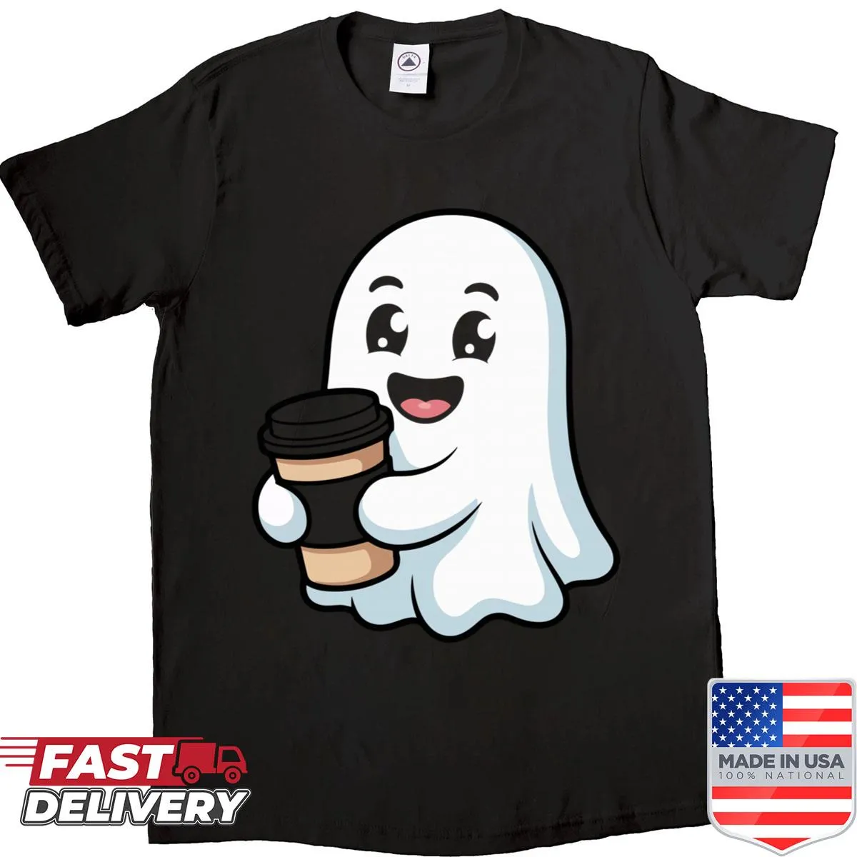 Funny shirt with a cartoon ghost and coffee theme