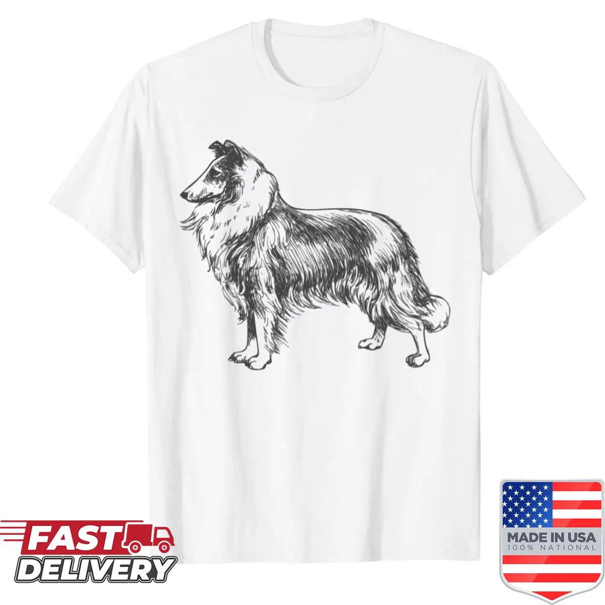 Illustrated Rough Collie t-shirt featuring a graceful graphic of a collie