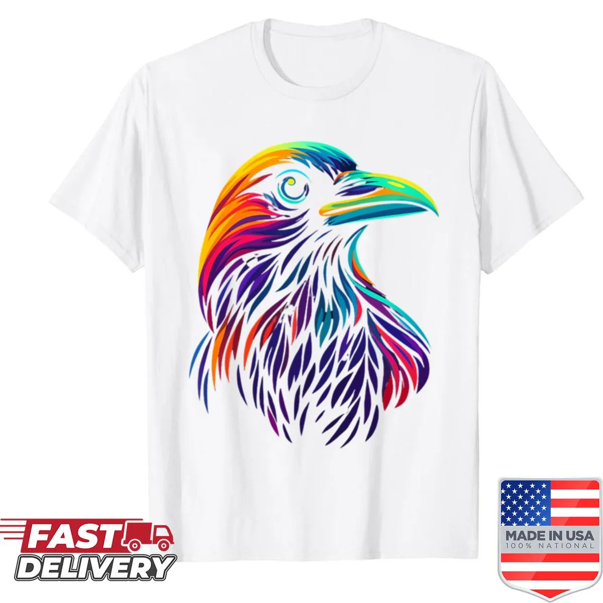 Bold neon raven artwork printed on a vibrant shirt.