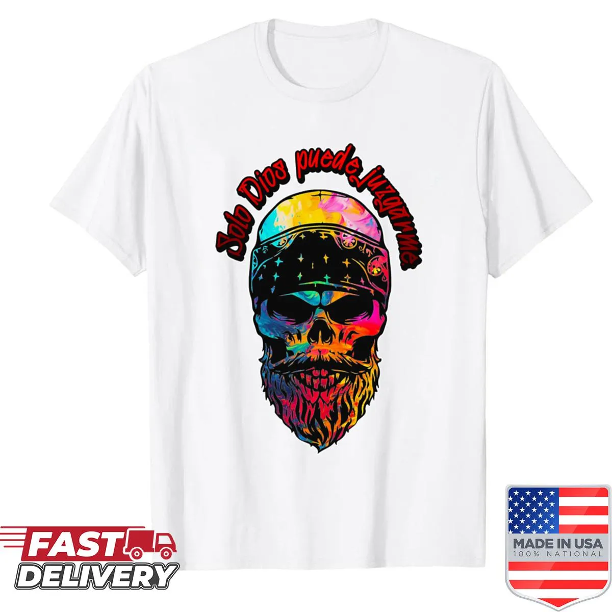 Bold typography shirt with a colorful skull design