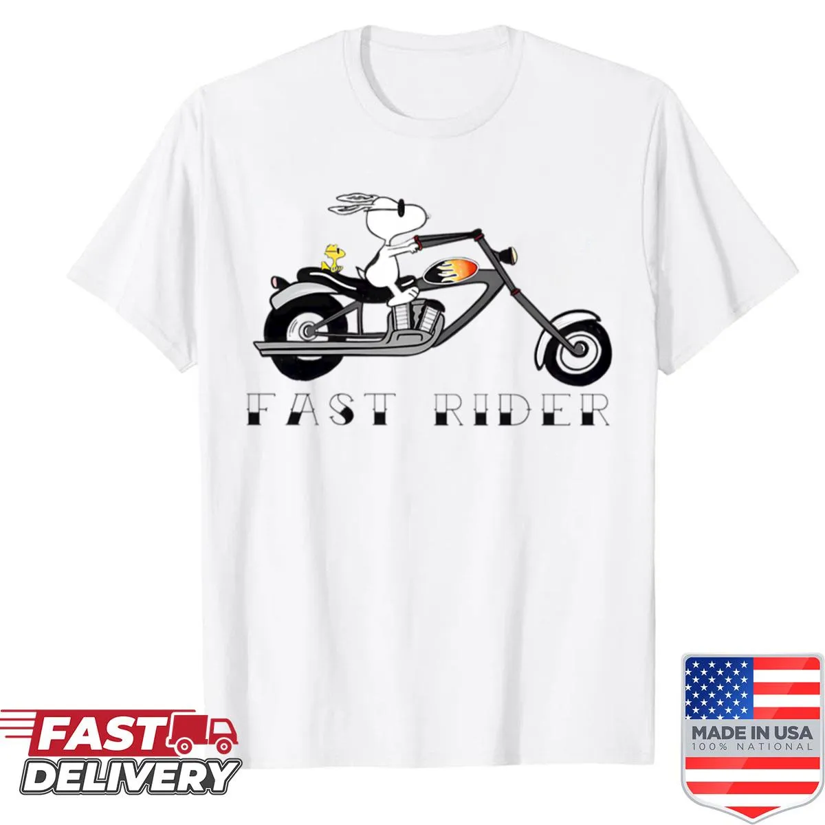 Cartoon dog wearing a helmet riding a motorcycle graphic shirt