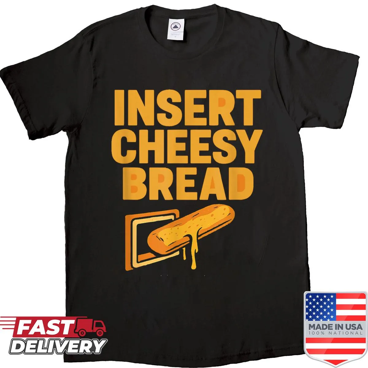 Humorous typography design featuring cheesy bread jokes on a shirt