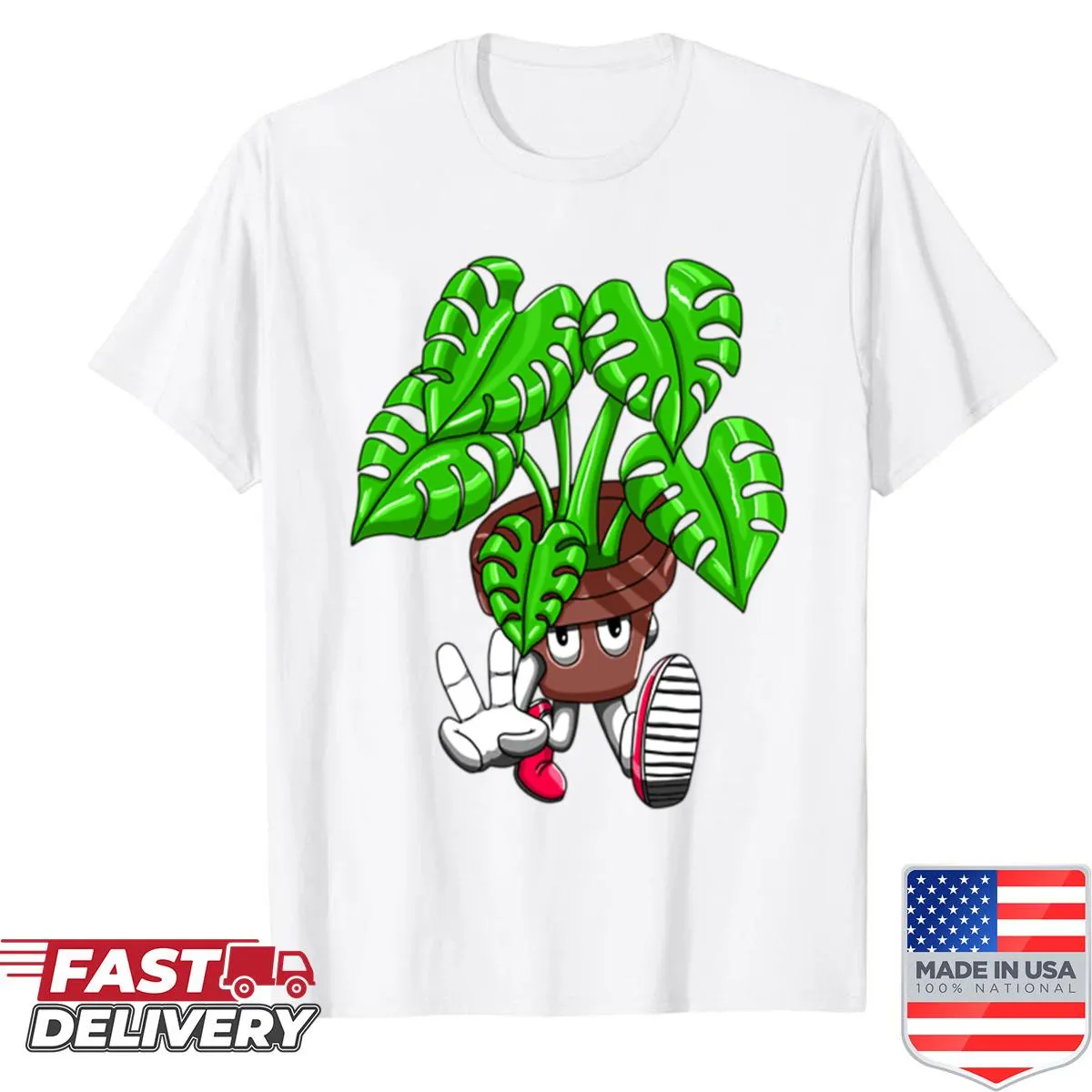 Cartoon monstera plant character graphic on casual t-shirt