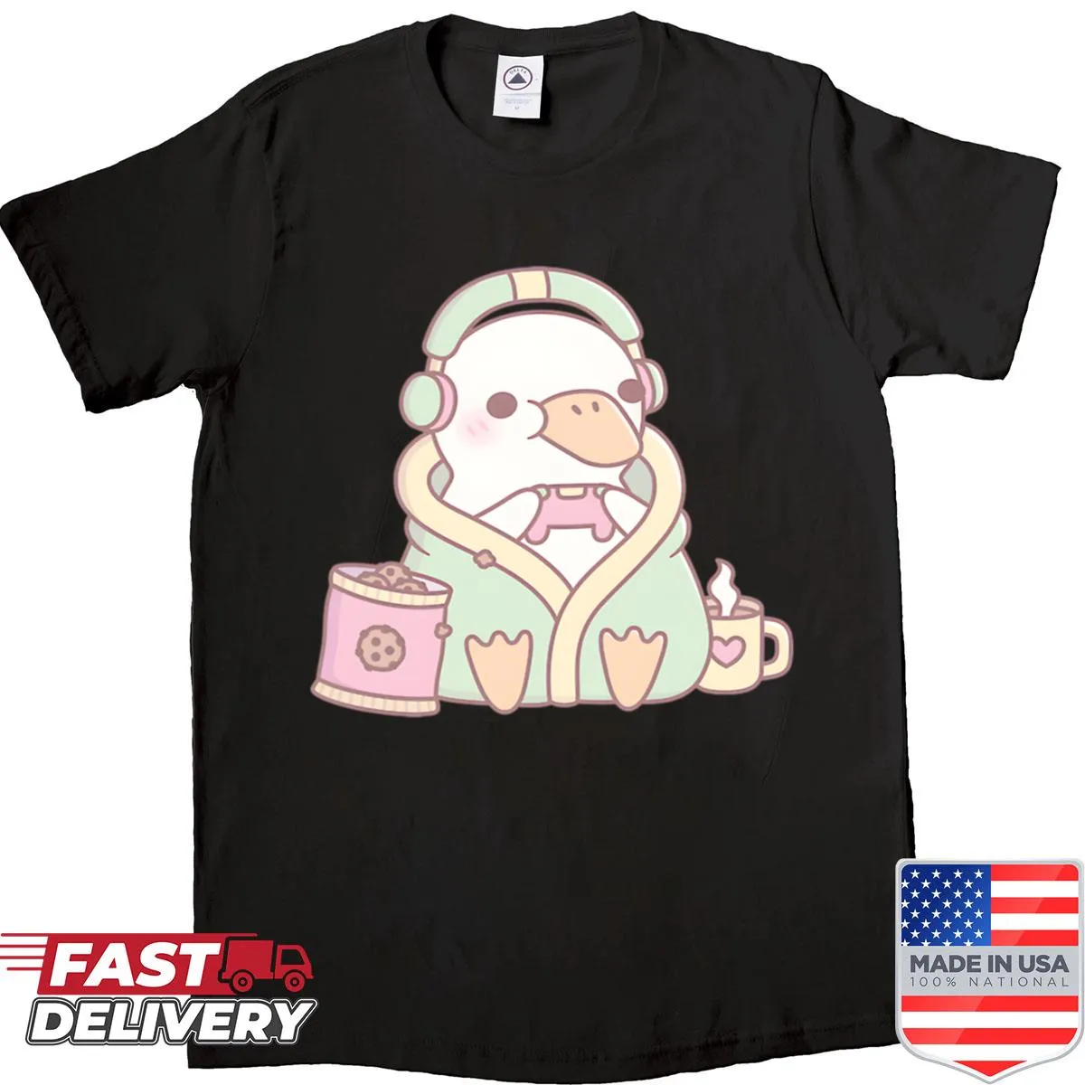 Cartoon duck with headphones and controller t-shirt design