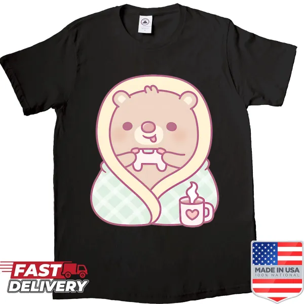 Cute bear holding hot cocoa in gaming-themed shirt design