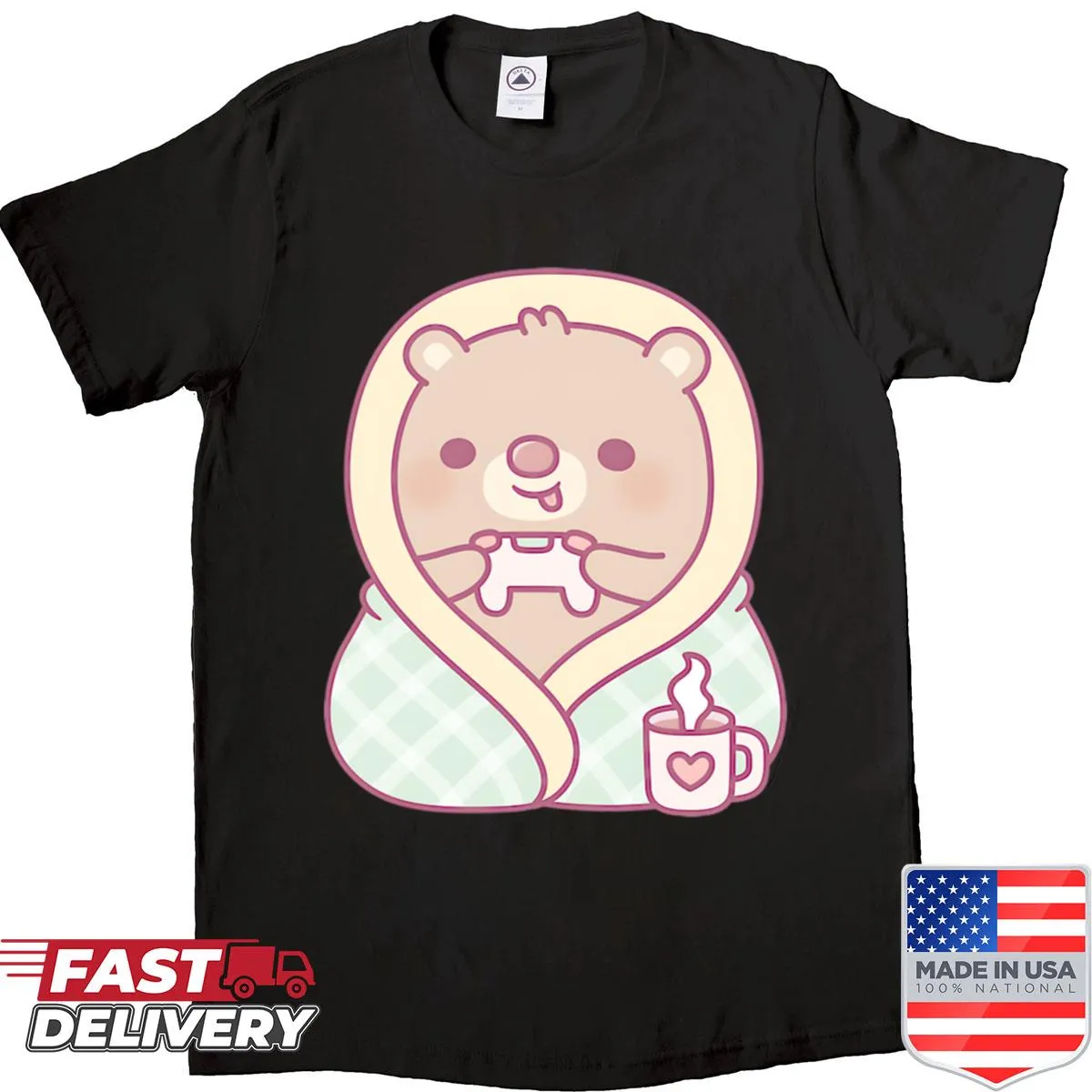 Cute bear holding hot cocoa in gaming-themed shirt design