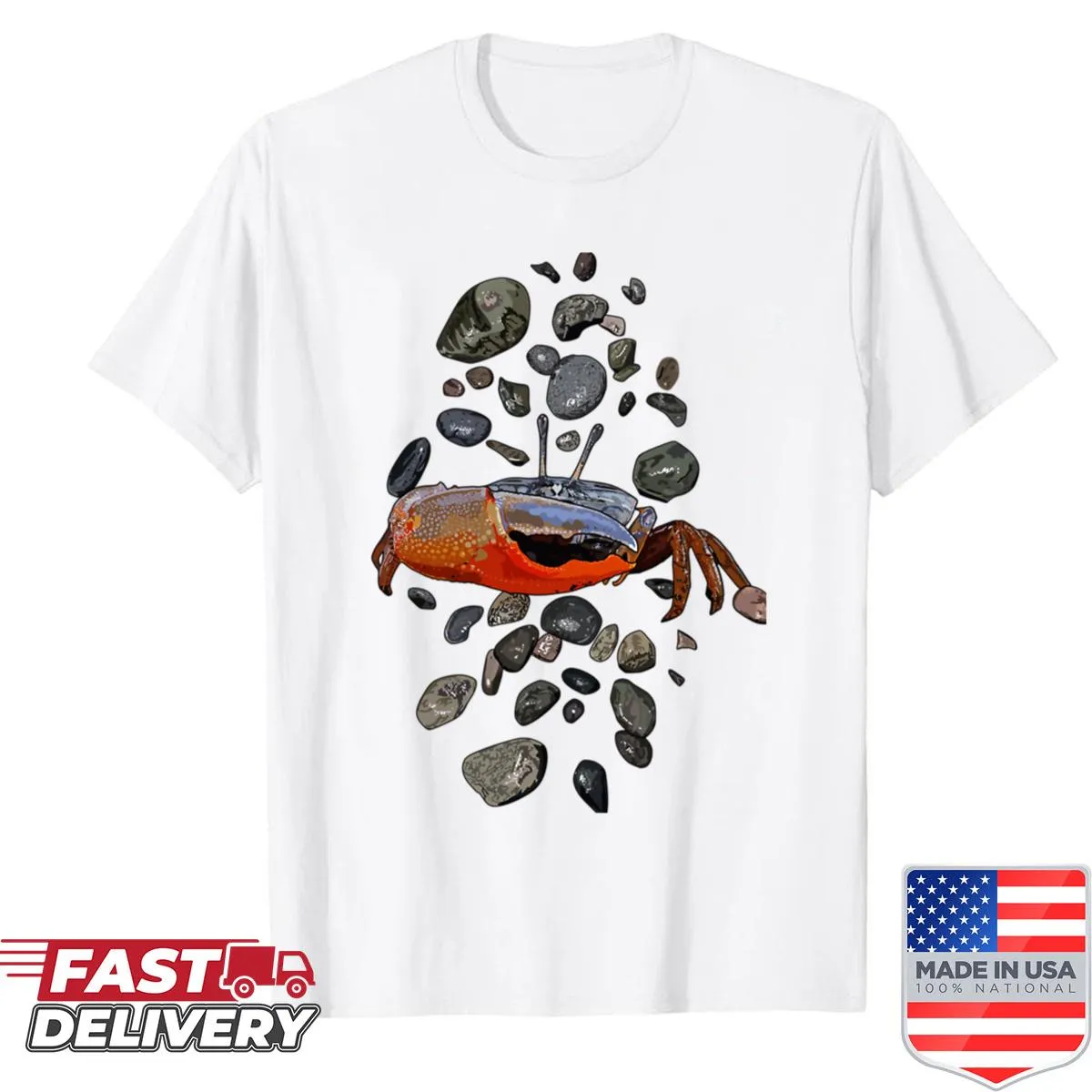 Crab illustration on a shirt with stones beneath it