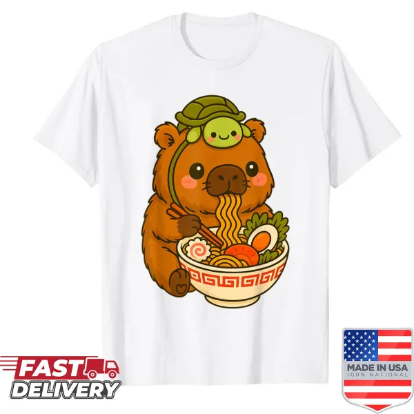 Kawaii kids T-shirt featuring a cute capybara and turtle design