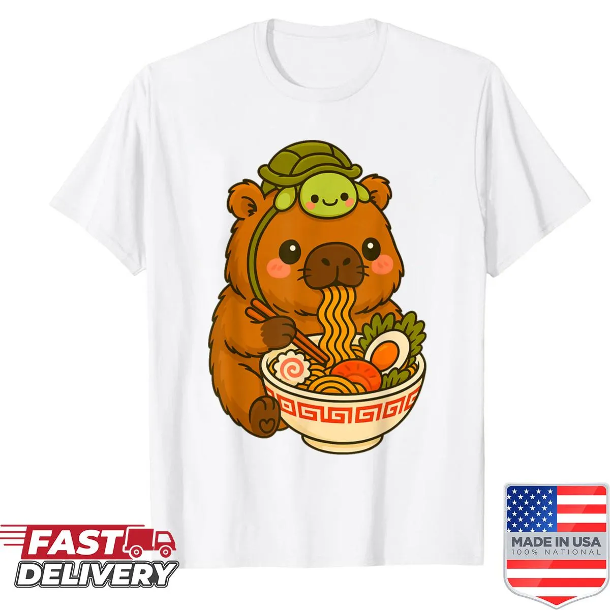 Kawaii kids T-shirt featuring a cute capybara and turtle design