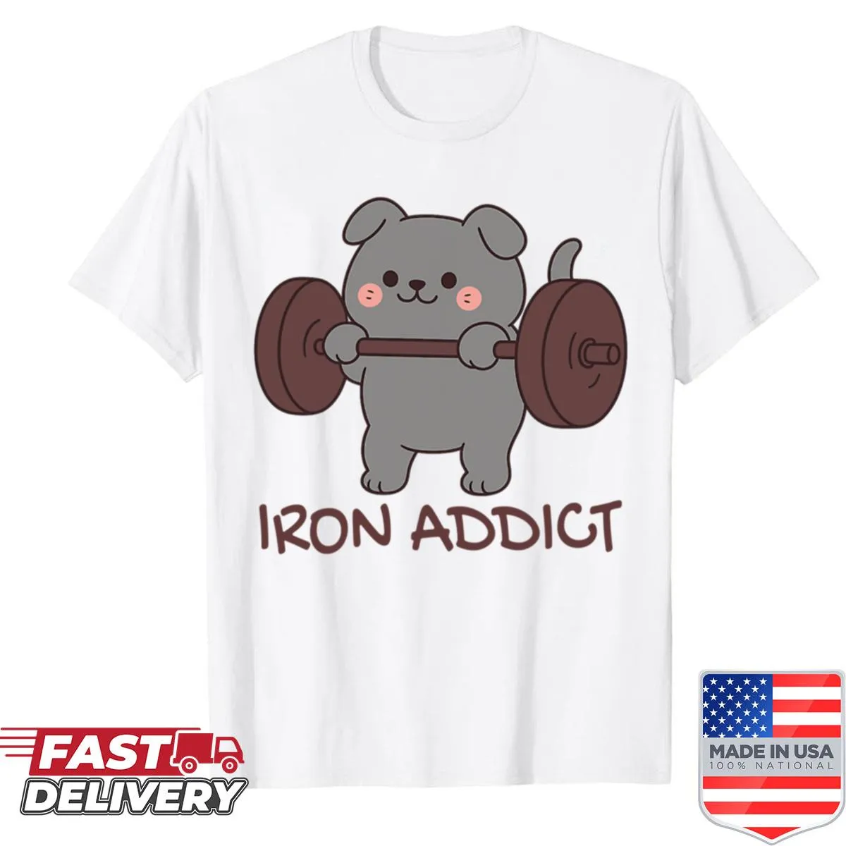 Cartoon dog lifting weights in a workout shirt