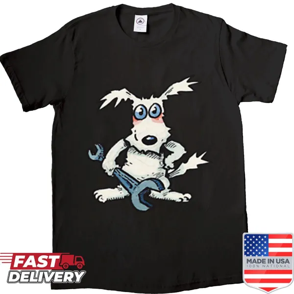 Cute dog illustration holding a wrench on a playful shirt