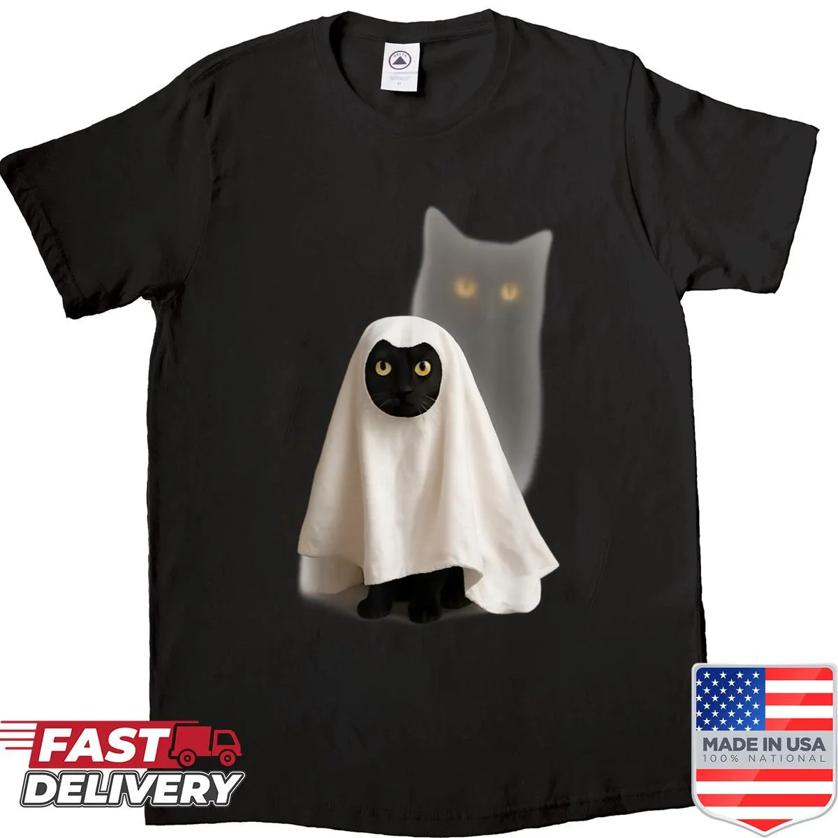 Cute wizard cat ghost design shirt for Halloween.