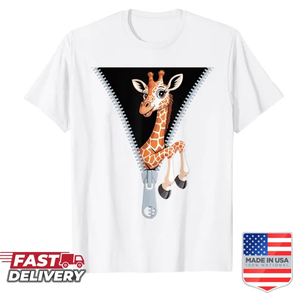 Funny kids' shirt featuring a cute cartoon giraffe emerging from a zipper.